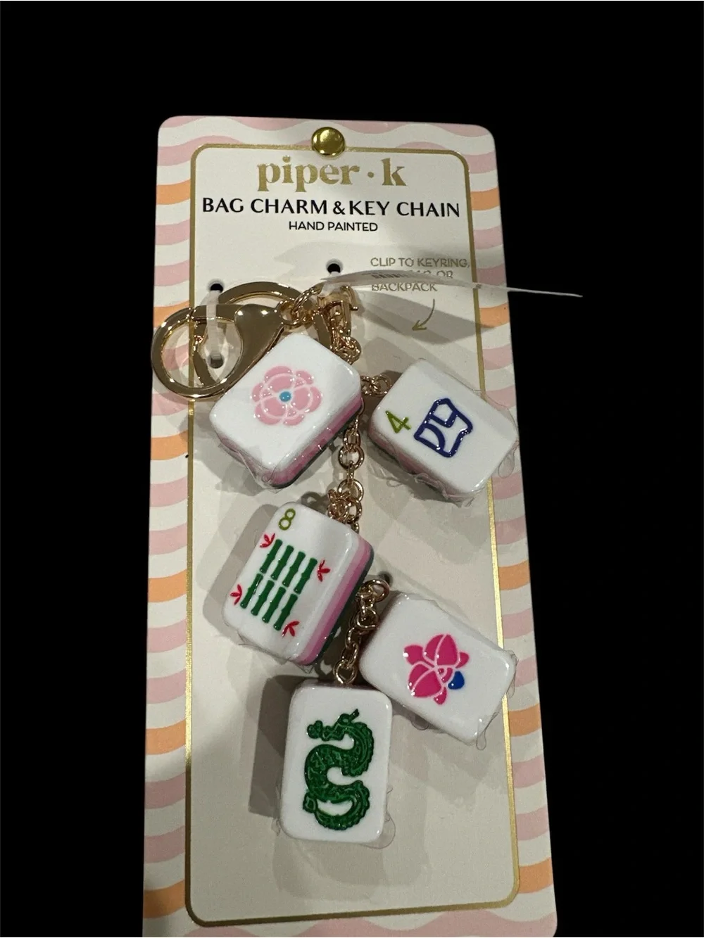 Gold Mahjong Tile Keychain with Pink & Green Accents